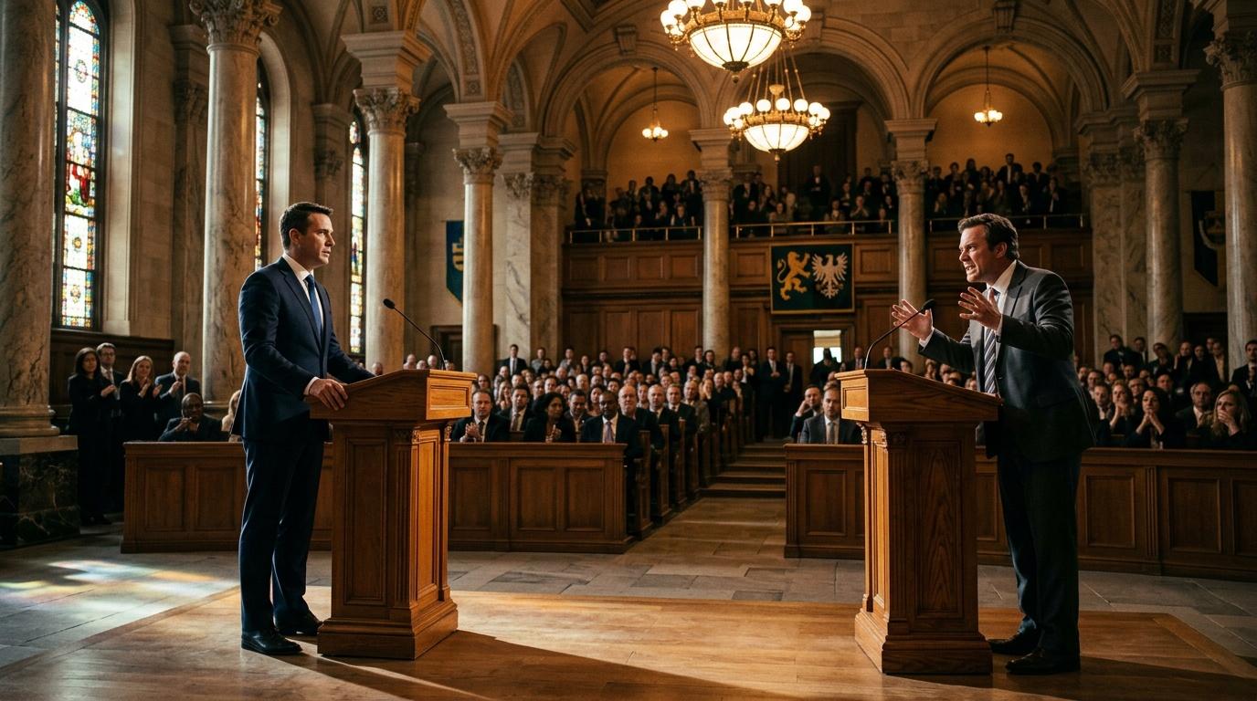 Dua pria berdebat di podium menghadap audiens formal