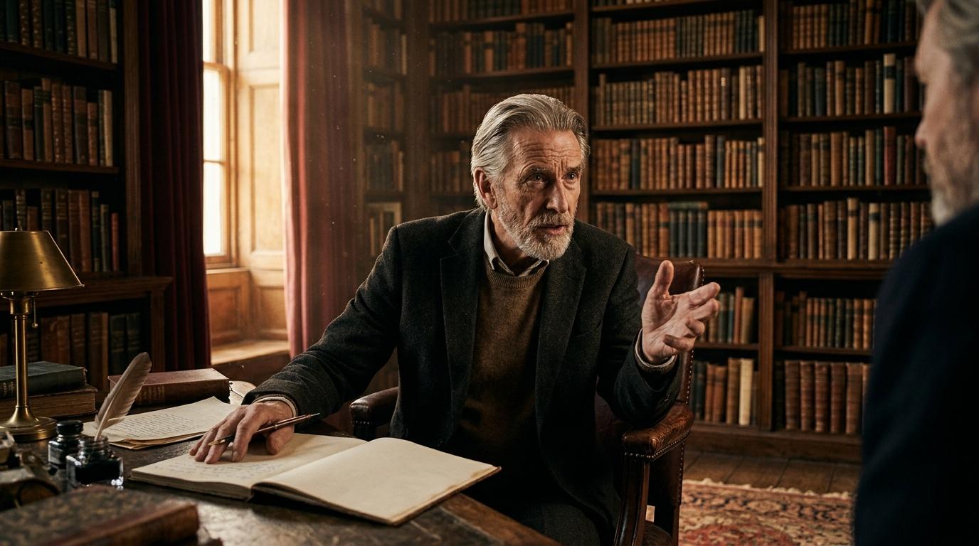 Pria senior berbicara di perpustakaan dengan buku-buku lama