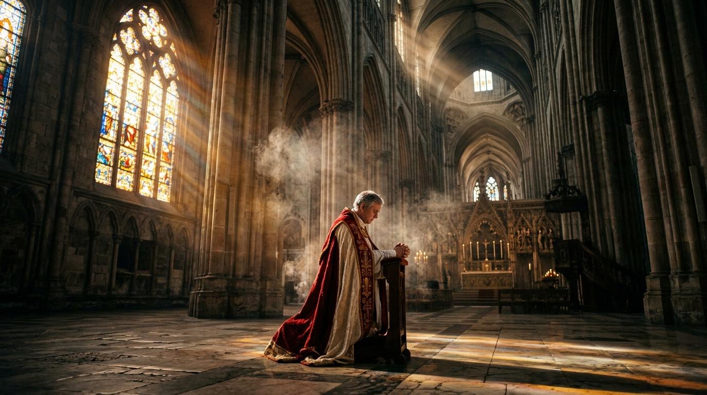 Pendeta berdoa di katedral gotik dengan cahaya matahari.