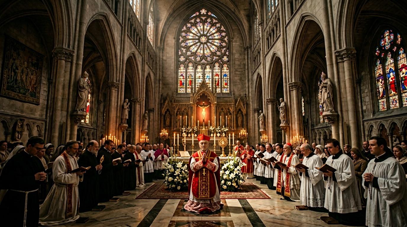 Uskup memimpin upacara misa di katedral gotik dengan arsitektur indah.