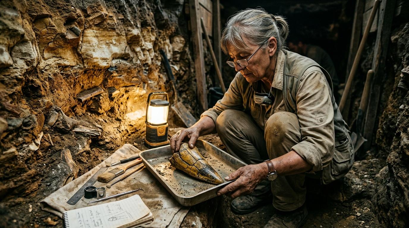 Peneliti senior memeriksa fosil gigi purba di laboratorium batu