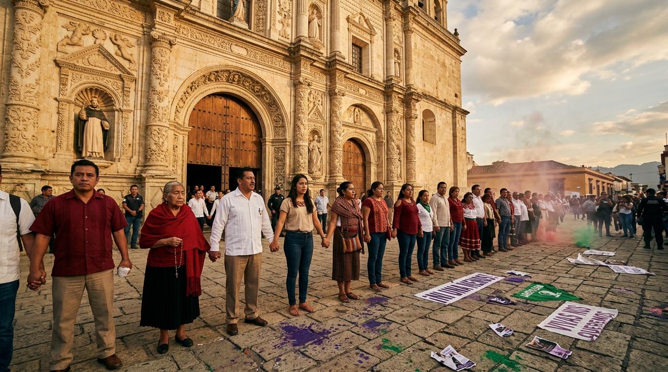 Orang-orang berkumpul di depan gereja berarsitektur kolonial.