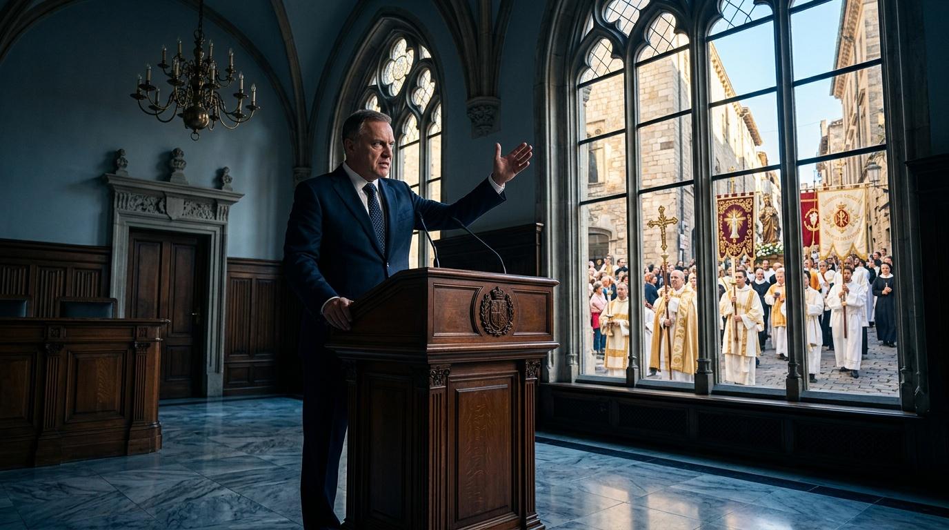 Pria berbisnis berpidato di podium katedral bergaya gotik