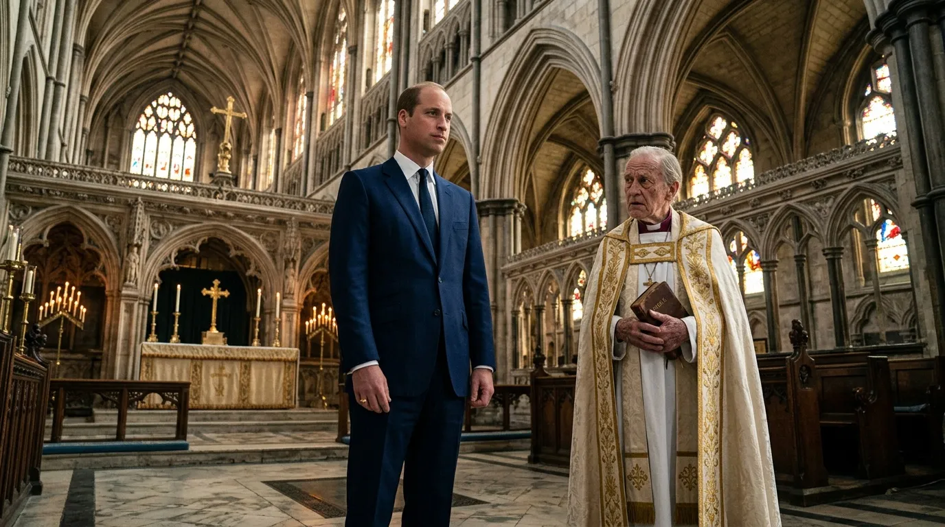 Pria berjas biru dan pendeta berdoa di gereja bergaya gotik