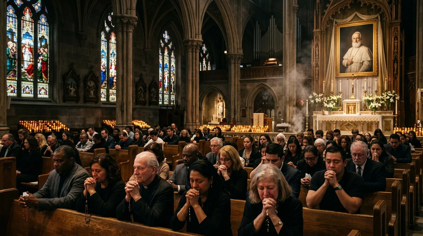 Jemaah berdoa dengan rosario di gereja bergaya gotik.