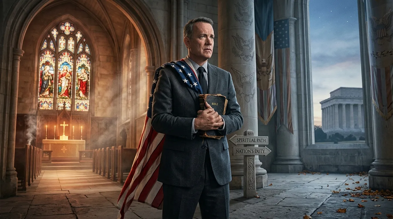 Pria memegang Alkitab dengan bendera Amerika di gereja.