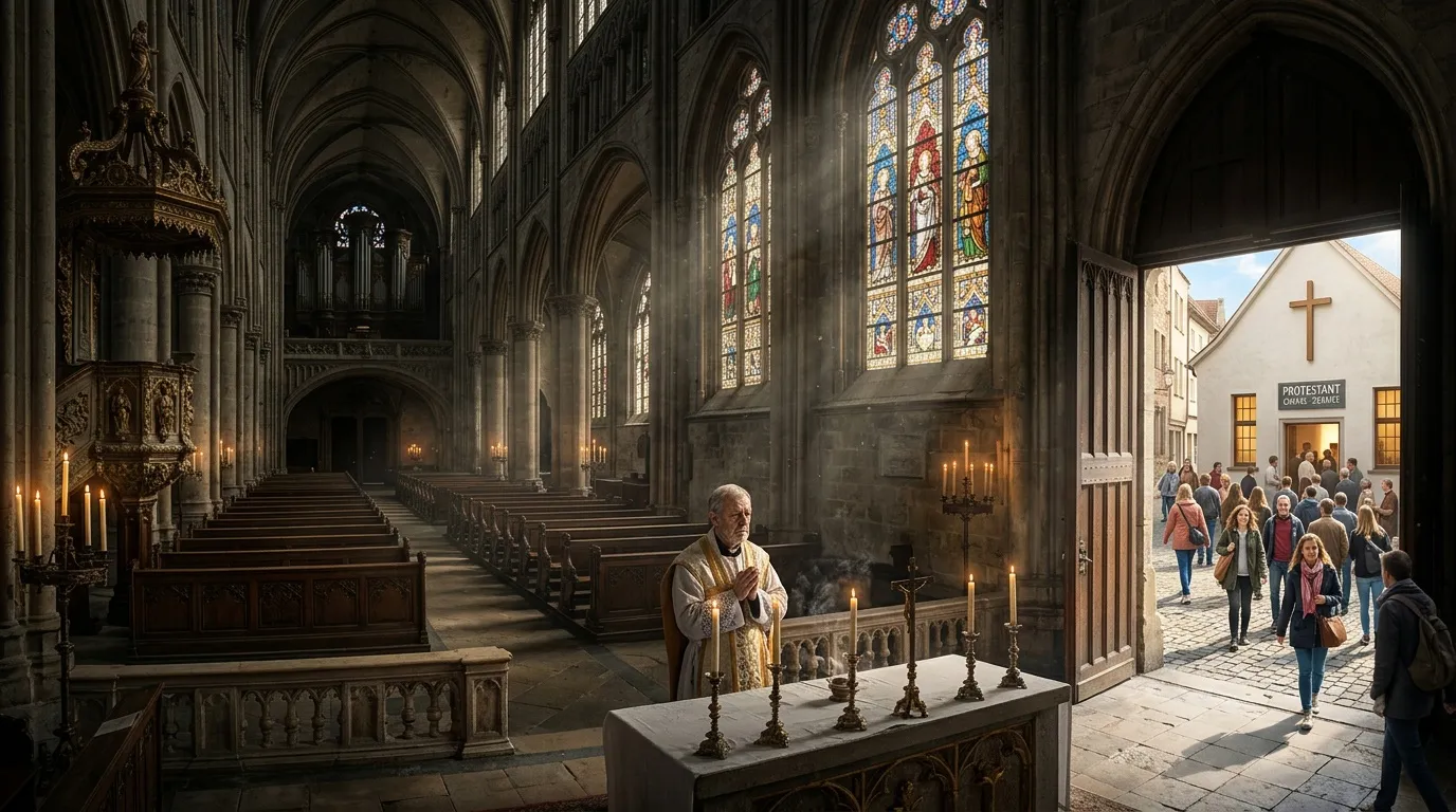 Pendeta berdoa di altar katedral gotik bersejarah dengan cahaya jendela kaca patri.