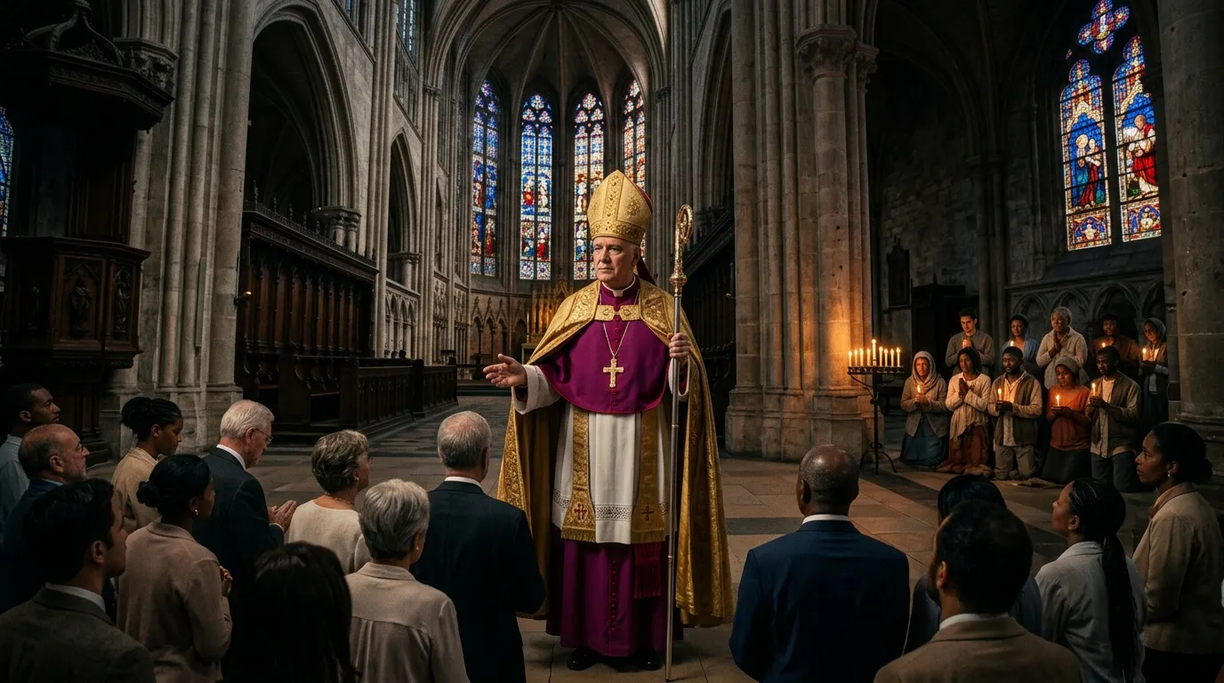 Uskup memimpin misa di gereja katedral dengan umat berdoa