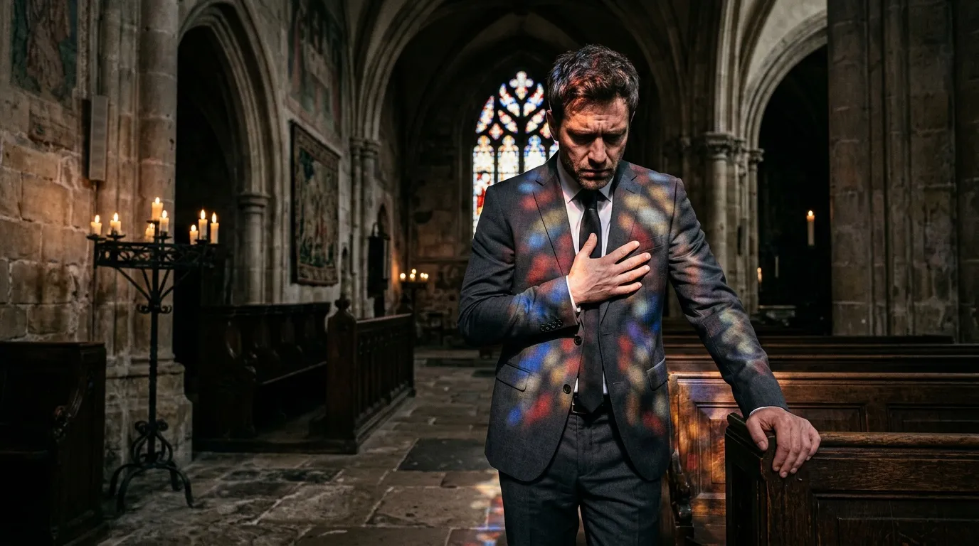 Pria berbaju hitam berdoa di dalam gereja dengan cahaya stained glass.