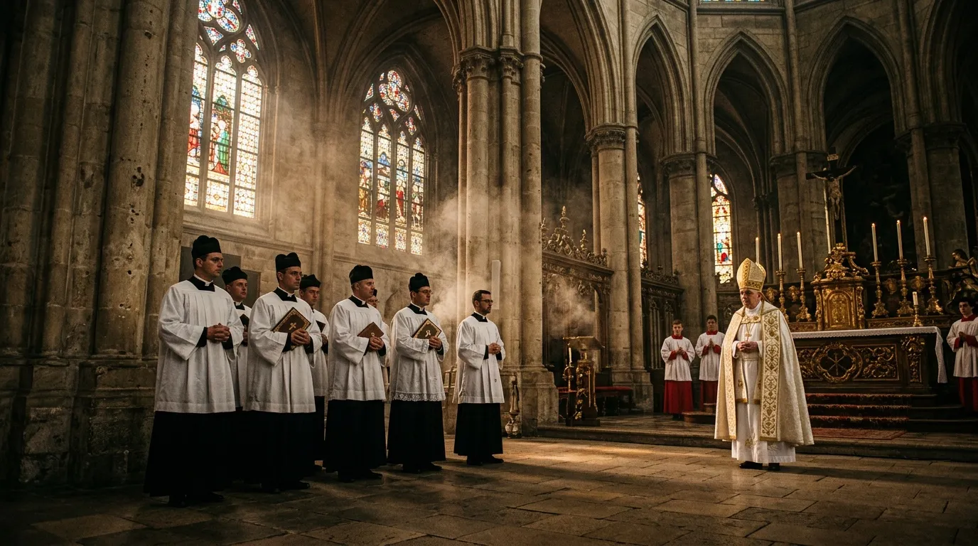 Pendeta dan paduan suara menyanyikan doa di gereja katedral.