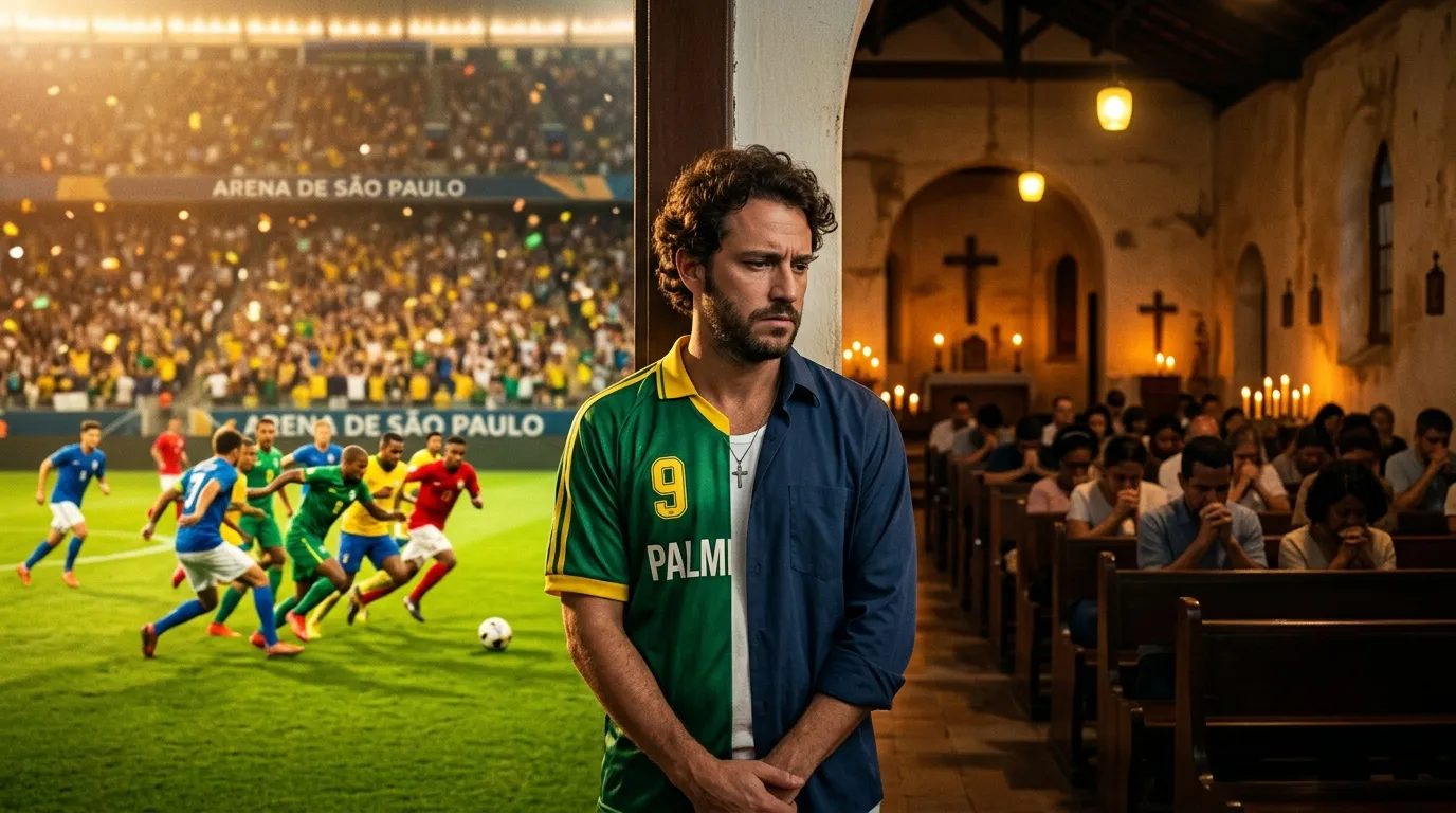Pria memakai jersey sepak bola di gereja dengan stadion.