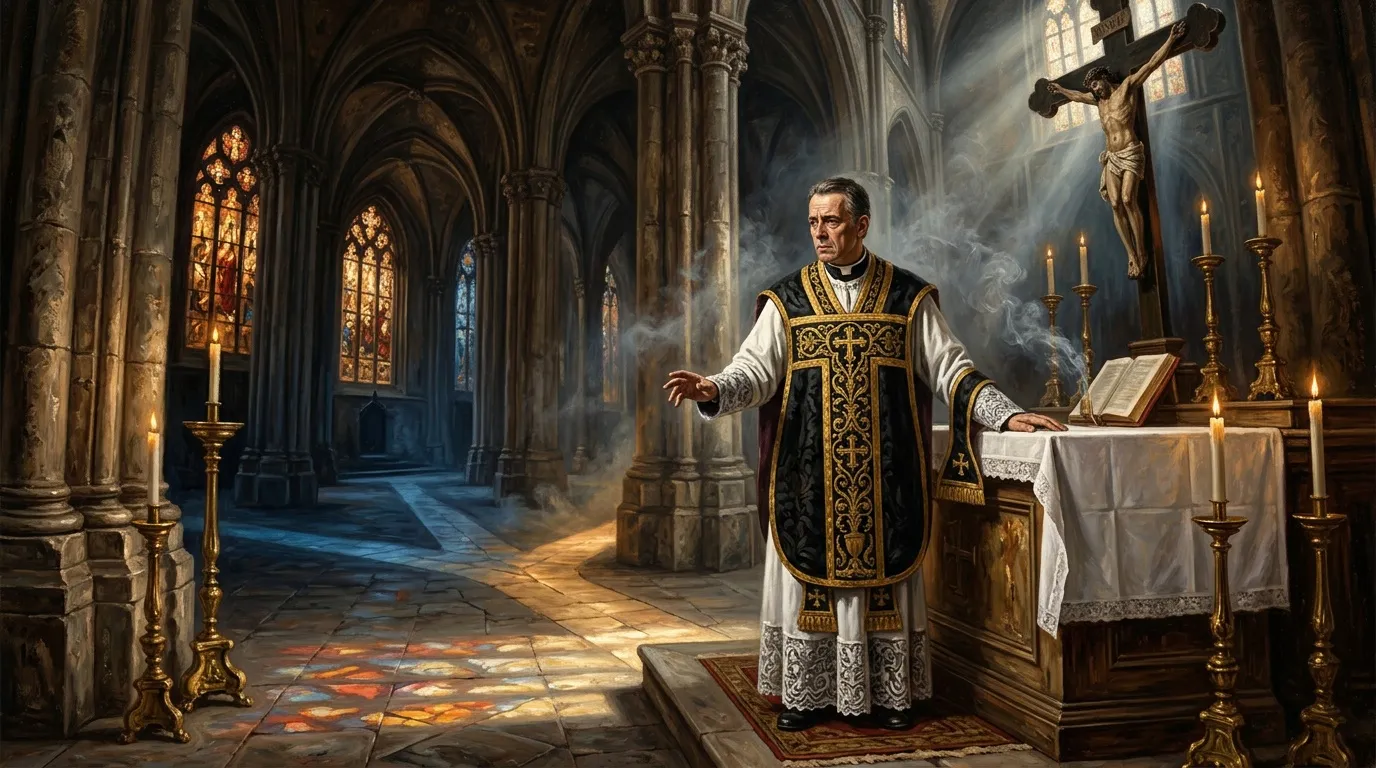 Imam merayakan misa di dalam katedral gotik yang megah.