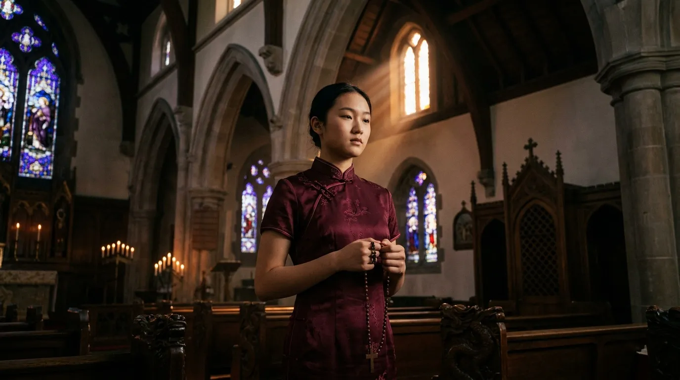 Wanita Asia berdoa dengan rosario di gereja bergaya gotik.