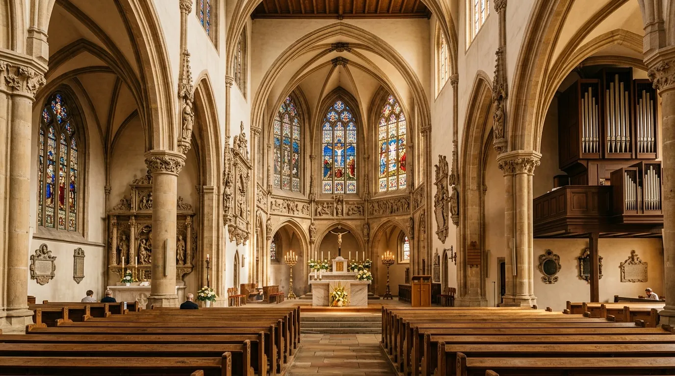 Interior katedral gotik dengan lengkung tinggi, jendela kaca patri, dan organ pipa