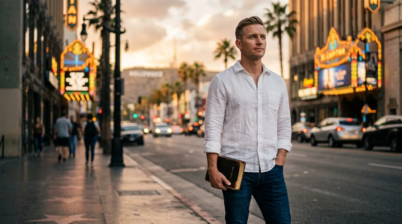 Pria berpakaian rapi berdiri di jalan Hollywood berlampu neon