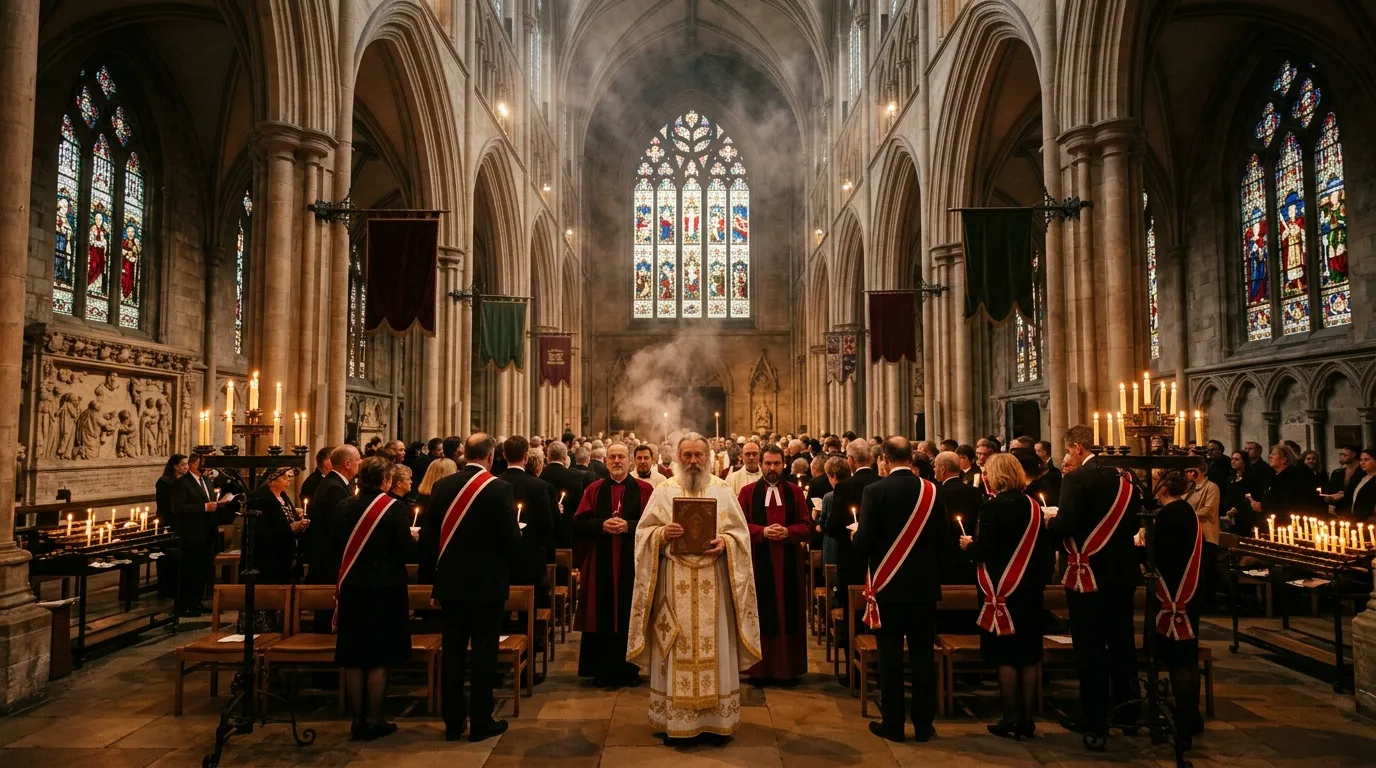 Imam memimpin misa di gereja katedral dengan arsitektur gotik.
