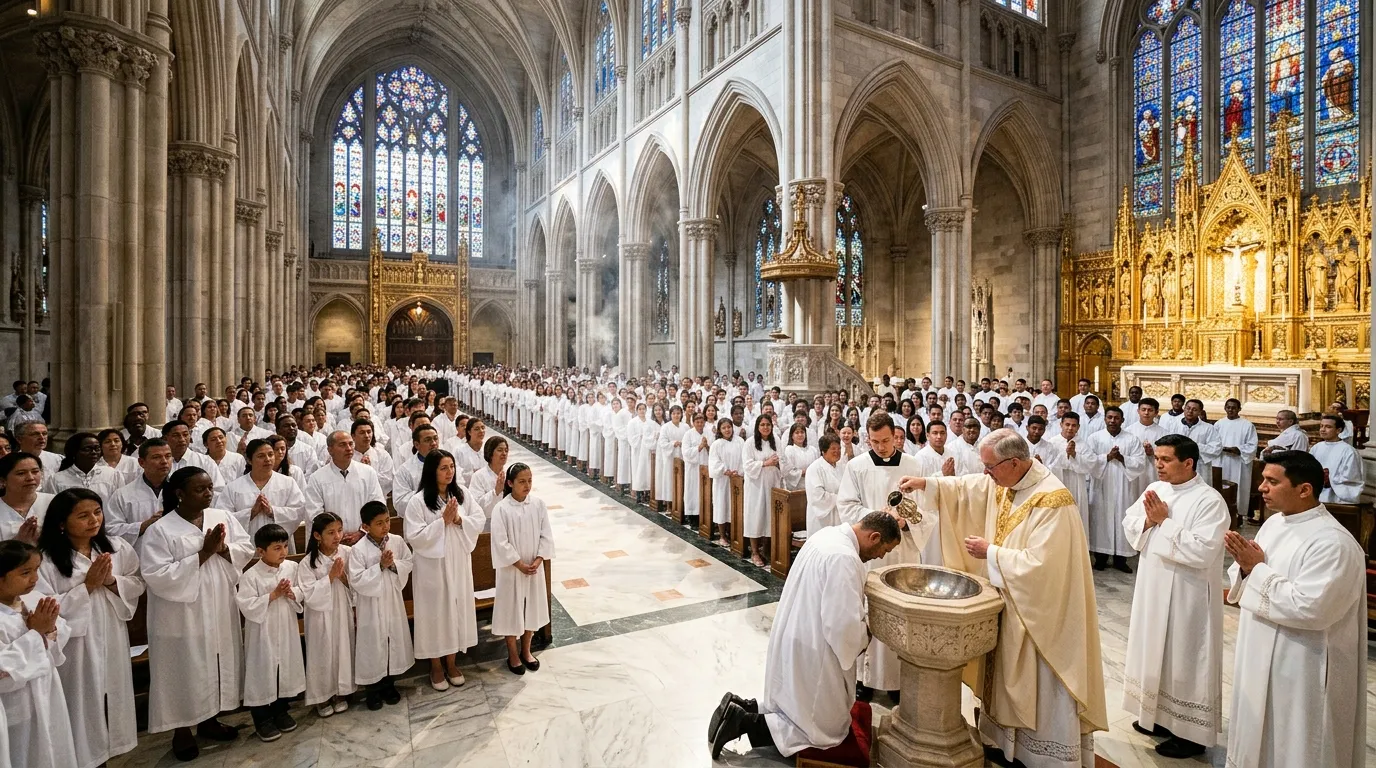 Pendeta membaptis anak di katedral Gothic dengan ratusan umat