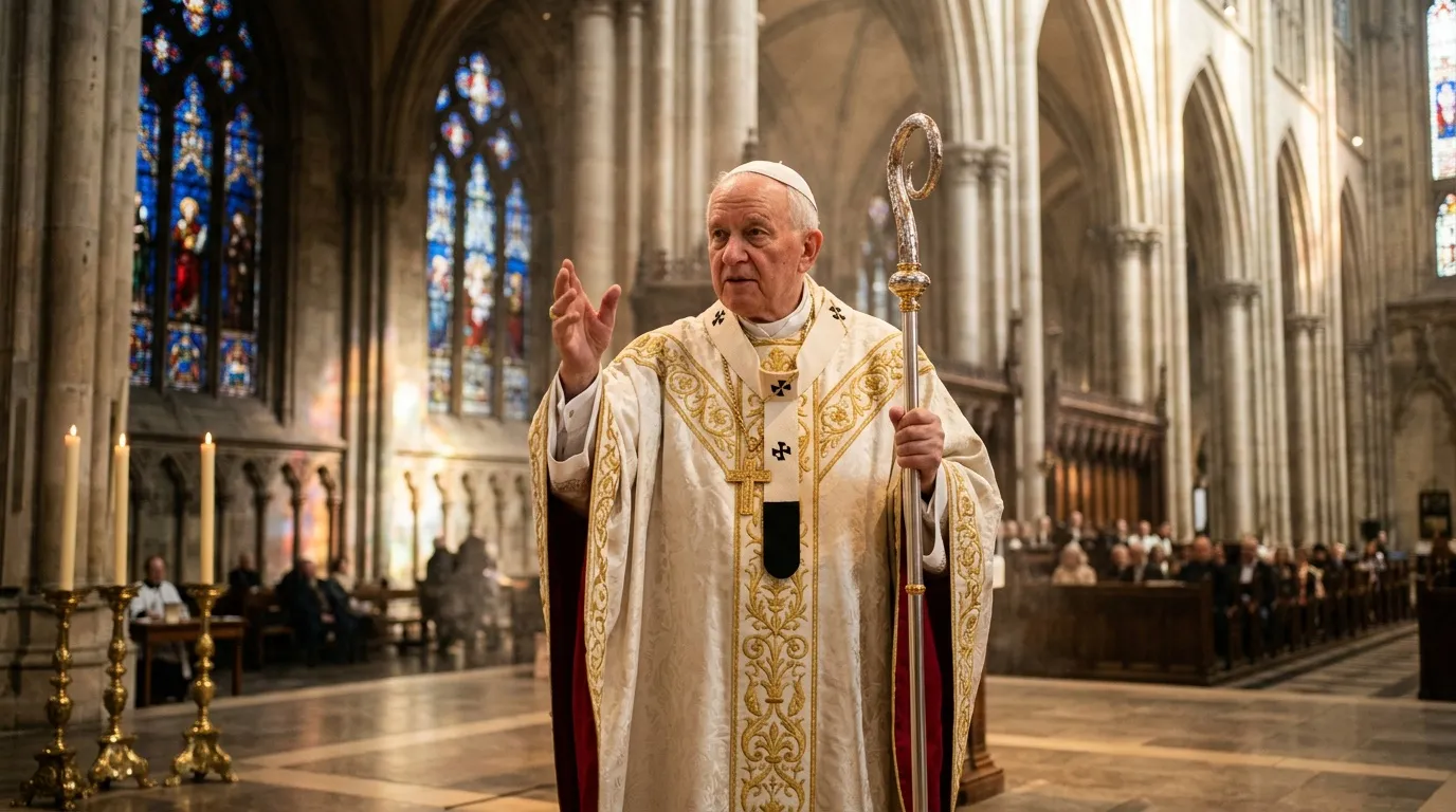 Pemimpin religius berbaju putih emas di dalam katedral bersejarah