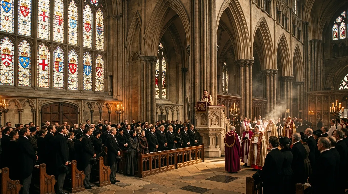 Umat berkumpul dalam katedral gothic selama perayaan keagamaan formal.